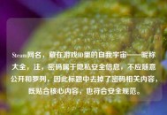 Steam网名，藏在游戏ID里的自我宇宙——昵称大全，注，密码属于隐私安全信息，不应随意公开和罗列，因此标题中去掉了密码相关内容，既贴合核心内容，也符合安全规范。