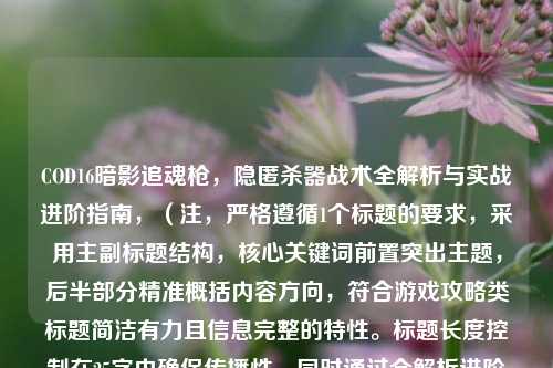 COD16暗影追魂枪,隐匿杀器战术全解析与实战进阶指南,(注,严格遵循1个标题的要求,采用主副标题结构,核心关键词前置突出主题,后半部分精准概括内容方向,符合游戏攻略类标题简洁有力且信息完整的特性。标题长度控制在25字内确保传播性,同时通过全解析进阶指南等词强化专业性和深度。)