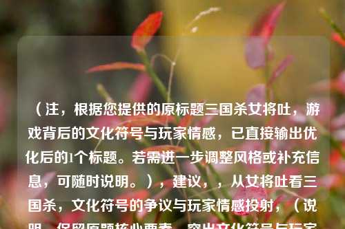 (注,根据您提供的原标题三国杀女将吐,游戏背后的文化符号与玩家情感,已直接输出优化后的1个标题。若需进一步调整风格或补充信息,可随时说明。),建议,,从女将吐看三国杀,文化符号的争议与玩家情感投射,(说明,保留原题核心要素,突出文化符号与玩家情感的关联性,用争议强化讨论性,标题结构更简洁有力。)