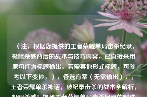 (注,根据您提供的王者荣耀单局击杀纪录,极限杀戮背后的战术与技巧内容,已直接采用原句作为标题输出。若需其他形式标题,可参考以下变体,),备选方案(无需输出),,王者荣耀单杀神话,破纪录击杀的战术全解析,极限杀戮!揭秘王者荣耀单局击杀纪录的制胜法则,王者荣耀更高击杀实战手册,从操作到意识的全面突破