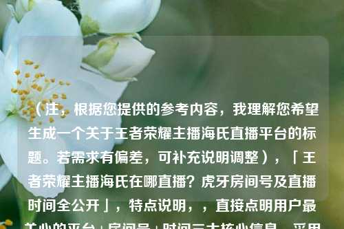 (注,根据您提供的参考内容,我理解您希望生成一个关于王者荣耀主播海氏直播平台的标题。若需求有偏差,可补充说明调整),「王者荣耀主播海氏在哪直播?虎牙房间号及直播时间全公开」,特点说明,,直接点明用户最关心的平台+房间号+时间三大核心信息,采用问答形式增强搜索友好性,全公开营造信息权威感,控制在25字内符合主流平台标题规范)