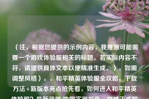 (注,根据您提供的示例内容,我推测可能需要一个游戏体验服相关的标题。若实际内容不符,请提供具体文本以便精准生成。),如需调整风格),,和平精英体验服全攻略,下载 *** +新版本亮点抢先看,如何进入和平精英体验服?最新武器/地图实测报告,突破正式服限制!和平精英体验服独家玩法大揭秘,请确认是否需要根据特定内容优化标题,或告知其他方向需求。
