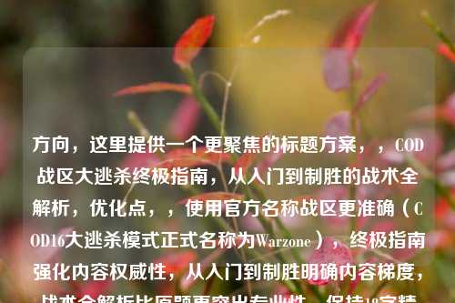 方向,这里提供一个更聚焦的标题方案,,COD战区大逃杀终极指南,从入门到制胜的战术全解析,优化点,,使用官方名称战区更准确(COD16大逃杀模式正式名称为Warzone),终极指南强化内容权威性,从入门到制胜明确内容梯度,战术全解析比原题更突出专业性,保持18字精炼标题的同时增强吸引力,需要调整可随时告知,我可提供更多备选方案。
