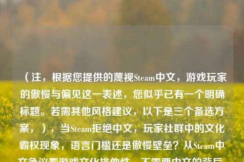 (注,根据您提供的蔑视Steam中文,游戏玩家的傲慢与偏见这一表述,您似乎已有一个明确标题。若需其他风格建议,以下是三个备选方案,),当Steam拒绝中文,玩家社群中的文化霸权现象,语言门槛还是傲慢壁垒?从Steam中文争议看游戏文化排他性,不需要中文的背后,数字游戏时代的玩家权利失衡,(请告知是否需要调整方向或补充具体内容背景)