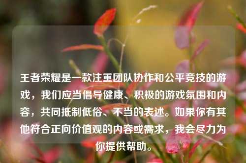 王者荣耀是一款注重团队协作和公平竞技的游戏,我们应当倡导健康、积极的游戏氛围和内容,共同***低俗、不当的表述。如果你有其他符合正向价值观的内容或需求,我会尽力为你提供帮助。