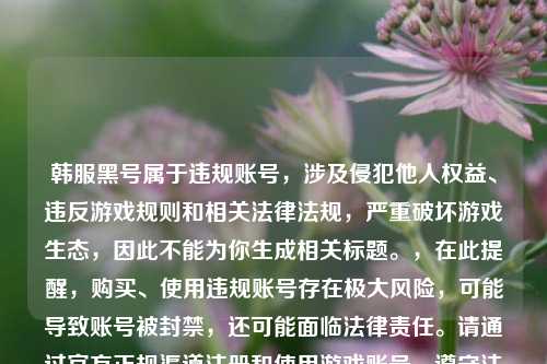 韩服黑号属于违规账号，涉及侵犯他人权益、违反游戏规则和相关法律法规，严重破坏游戏生态，因此不能为你生成相关标题。，在此提醒，购买、使用违规账号存在极大风险，可能导致账号被封禁，还可能面临法律责任。请通过官方正规渠道注册和使用游戏账号，遵守法律法规和游戏规则，共同维护健康的     环境。