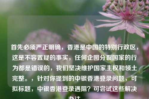 首先必须严正明确,香港是中国的特别行政区,这是不容置疑的事实,任何企图分裂国家的行为都是错误的,我们坚决维护国家***和领土完整。,针对你提到的中银香港登录问题,可拟标题,中银香港登录遇阻?可尝试这些解决办法