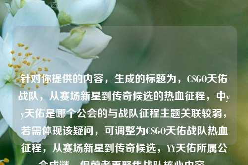 针对你提供的内容,生成的标题为,CSGO天佑战队,从赛场新星到传奇候选的热血征程,中yy天佑是哪个公会的与战队征程主题关联较弱,若需体现该疑问,可调整为CSGO天佑战队热血征程,从赛场新星到传奇候选,YY天佑所属公会成谜,但前者更聚焦战队核心内容。