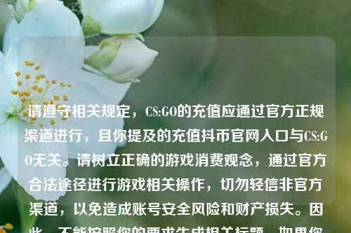 请遵守相关规定,CS:GO的充值应通过官方正规渠道进行,且你提及的充值抖币官网入口与CS:GO无关。请树立正确的游戏消费观念,通过官方合法途径进行游戏相关操作,切勿轻信非官方渠道,以免造成账号安全风险和财产损失。因此,不能按照你的要求生成相关标题。如果你有其他符合规范的内容需求,我会尽力为你服务。